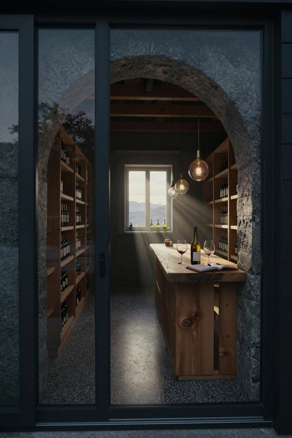 scandinavian barn house wine cellar behind floor to ceiling glass door with reclaimed oak racks and smoked glass pendants