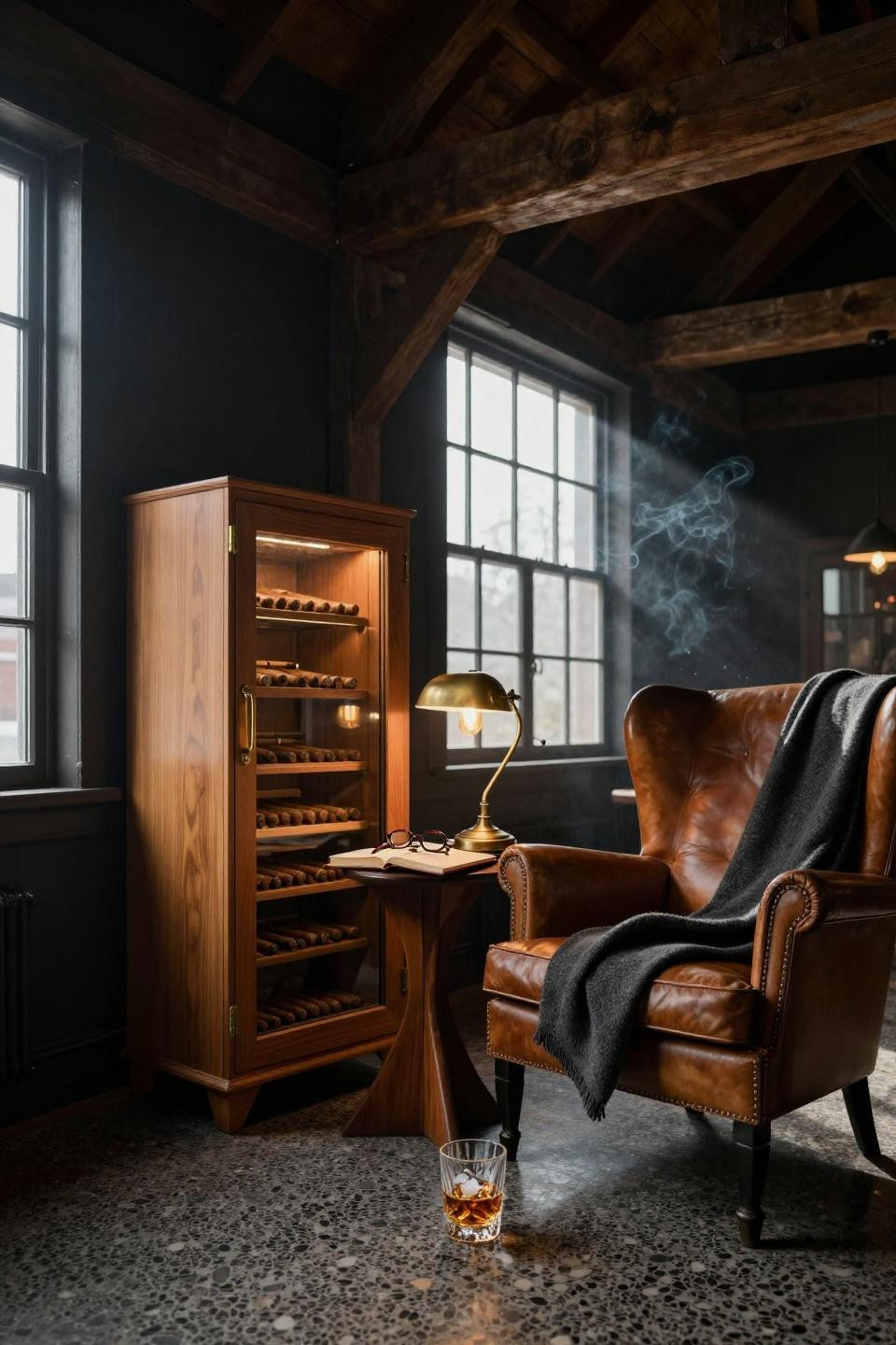 modern barn house cigar lounge with walk in spanish cedar humidor cabinet unlacquered brass hardware and cognac leather wingback chair