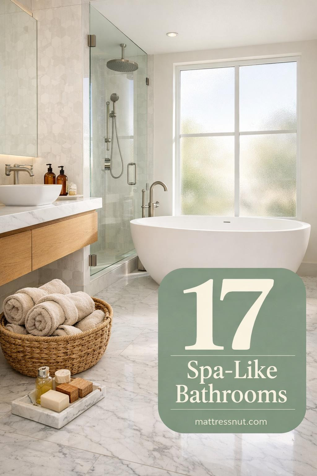 Minimalist bathroom featuring white subway tiles, floating vanity, rainfall shower, and natural wood accents
