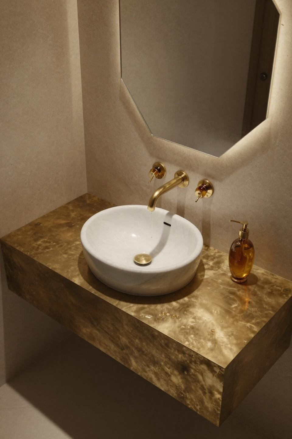 ensuite bathroom sculptural floating vanity unlacquered brass honeyed patina marble vessel sink hexagonal mirror