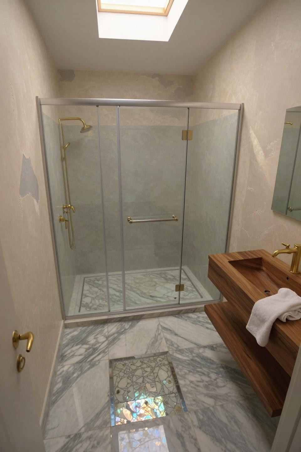 compact ensuite bathroom glass shower enclosure brushed brass calacatta marble mosaic floor venetian plaster walls