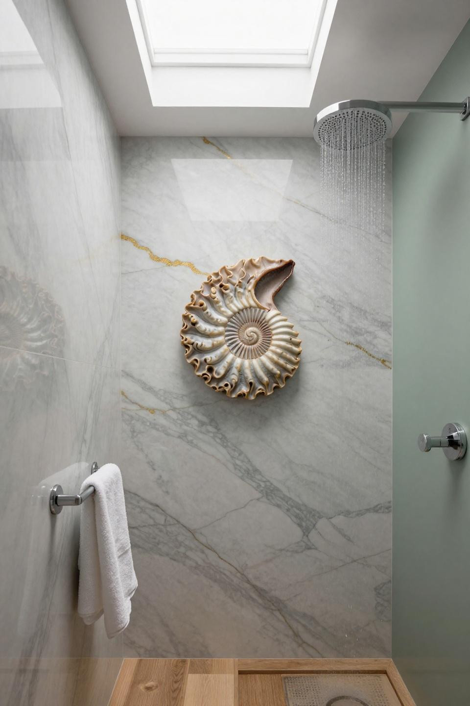 ensuite bathroom floor to ceiling calacatta marble gold veining chrome rainfall shower frosted skylight oak flooring