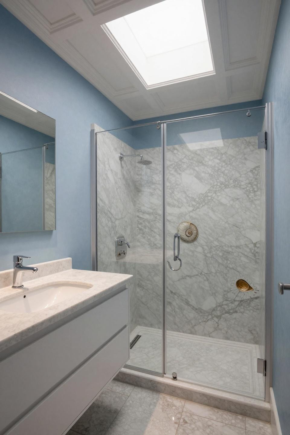 ensuite bathroom white oak cerused vanity unfilled travertine countertop carrara marble shower ammonite fossils