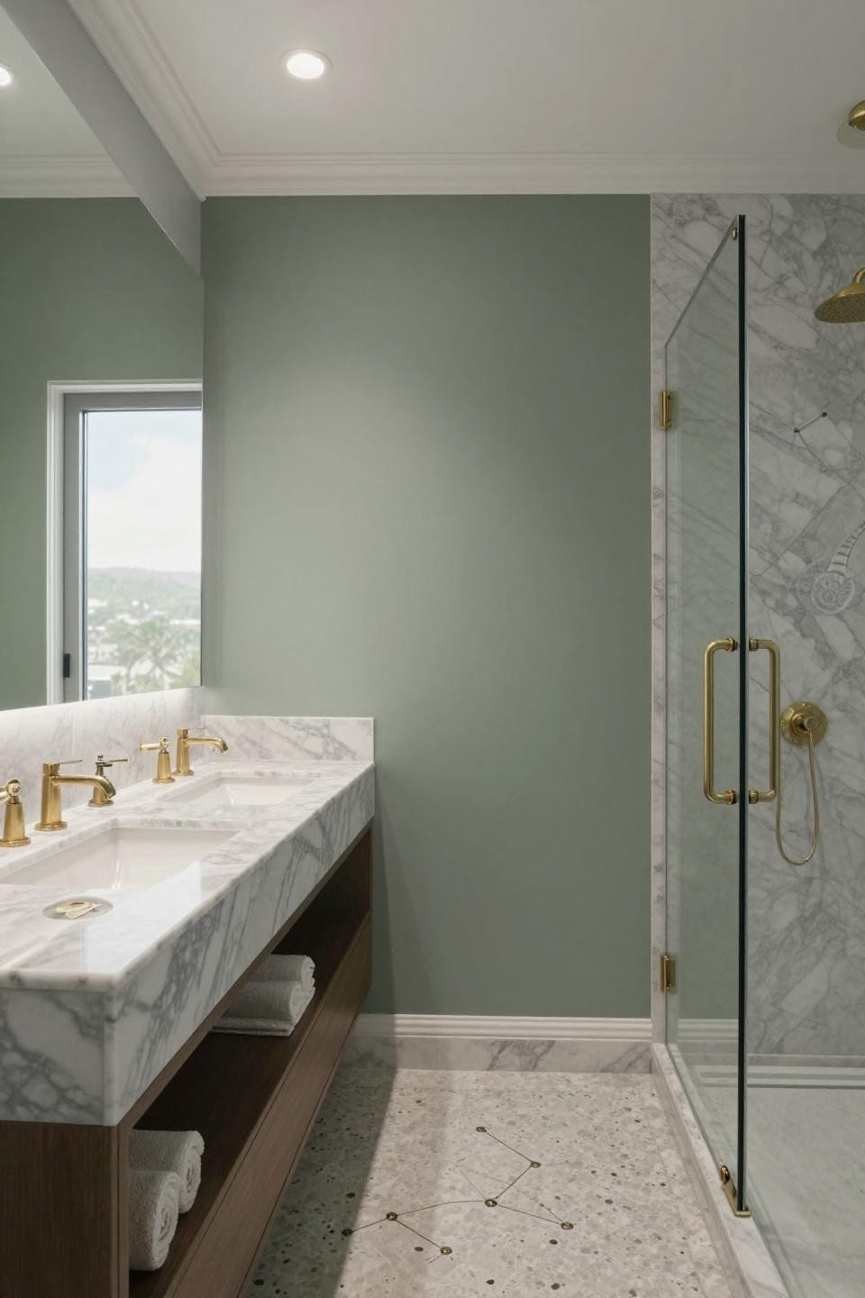 ensuite bathroom carrara marble vanity ammonite fossil frameless glass shower brass fixtures sage green accent wall