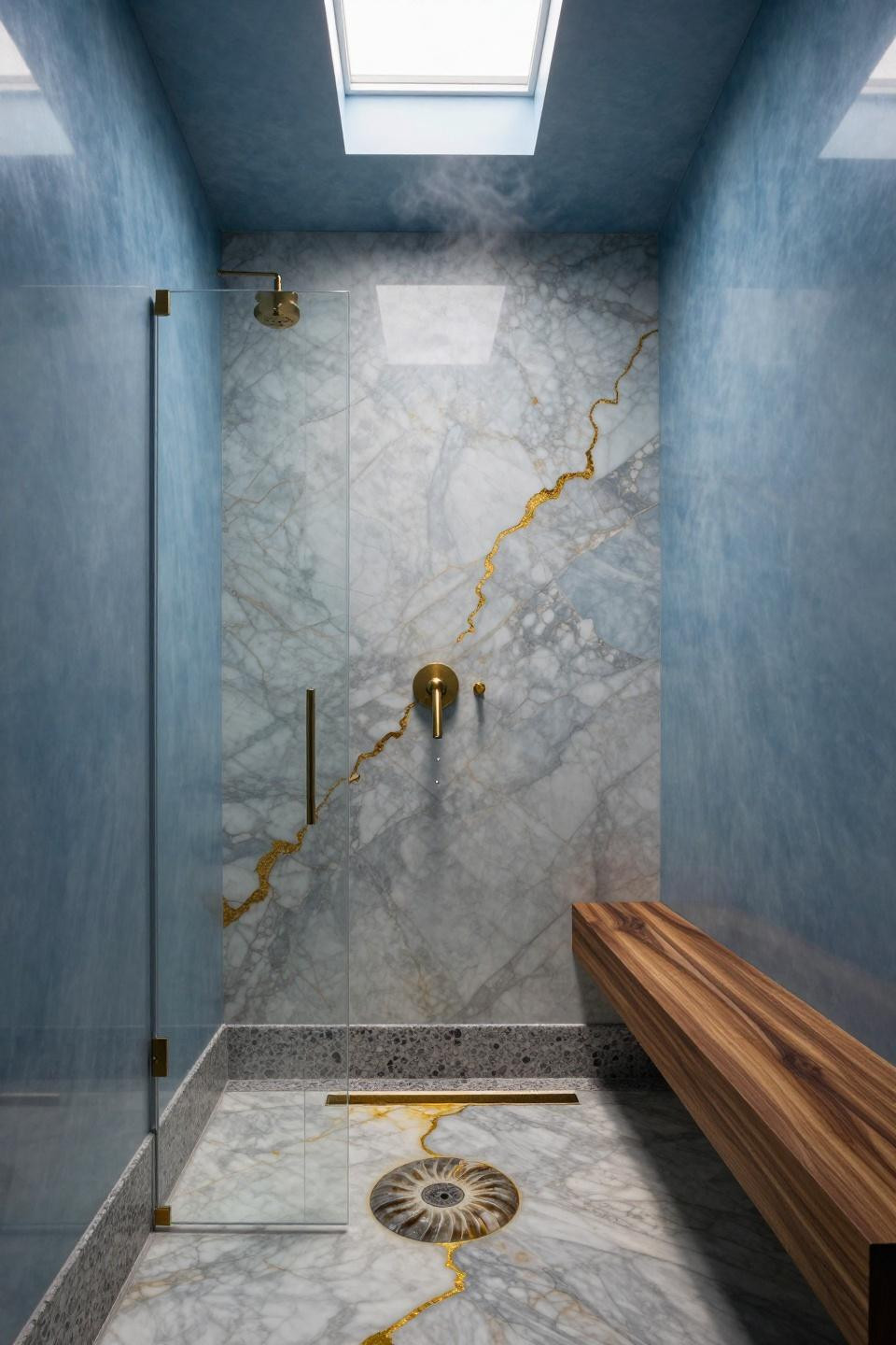 ensuite bathroom wetroom calacatta marble golden veining frameless glass walnut bench skylight venetian plaster