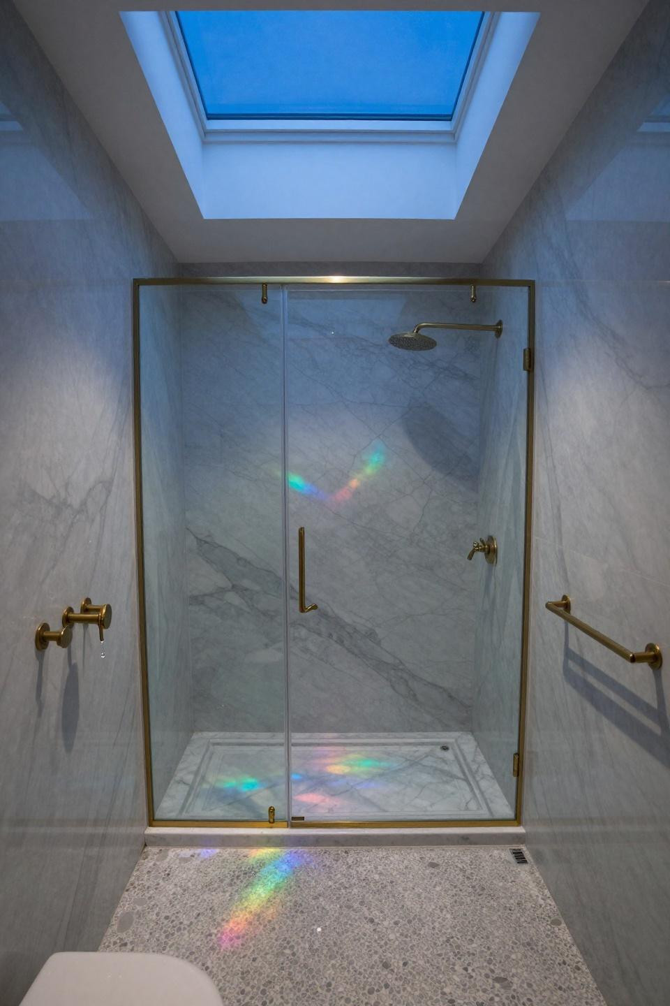ensuite bathroom minimalist wetroom frameless walk in shower calacatta marble fossil impressions unlacquered brass