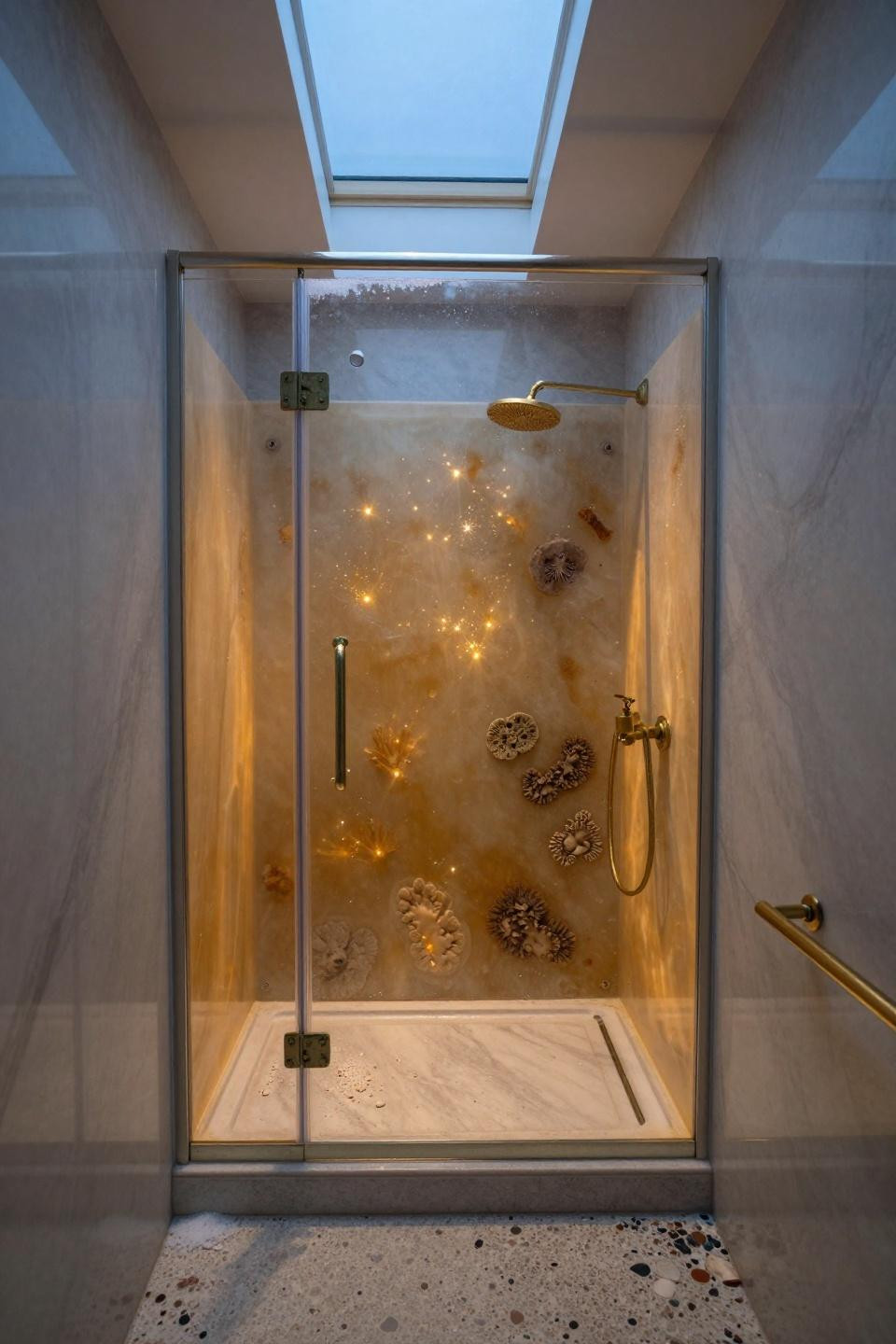 ensuite bathroom micro wetroom translucent backlit onyx shower amber glow brass fixtures jade verdigris marble walls
