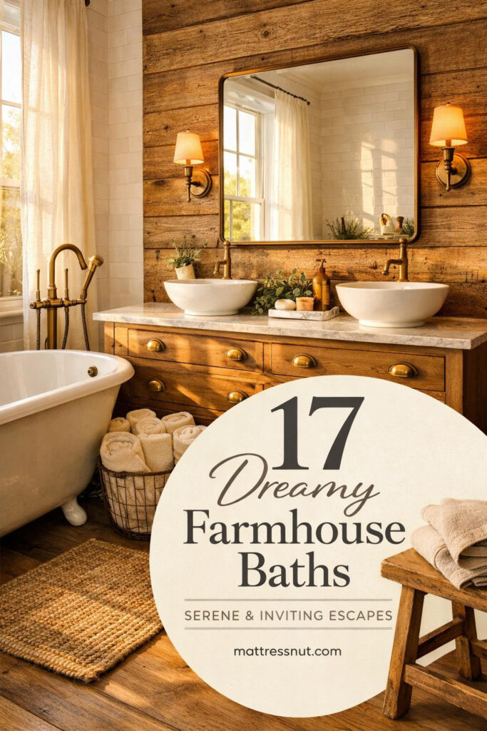 Spacious master bathroom featuring white marble countertops, aged brass faucets, shiplap walls, freestanding tub, and rustic wood accents