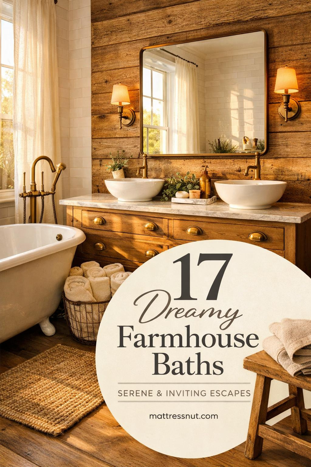 Spacious master bathroom featuring white marble countertops, aged brass faucets, shiplap walls, freestanding tub, and rustic wood accents