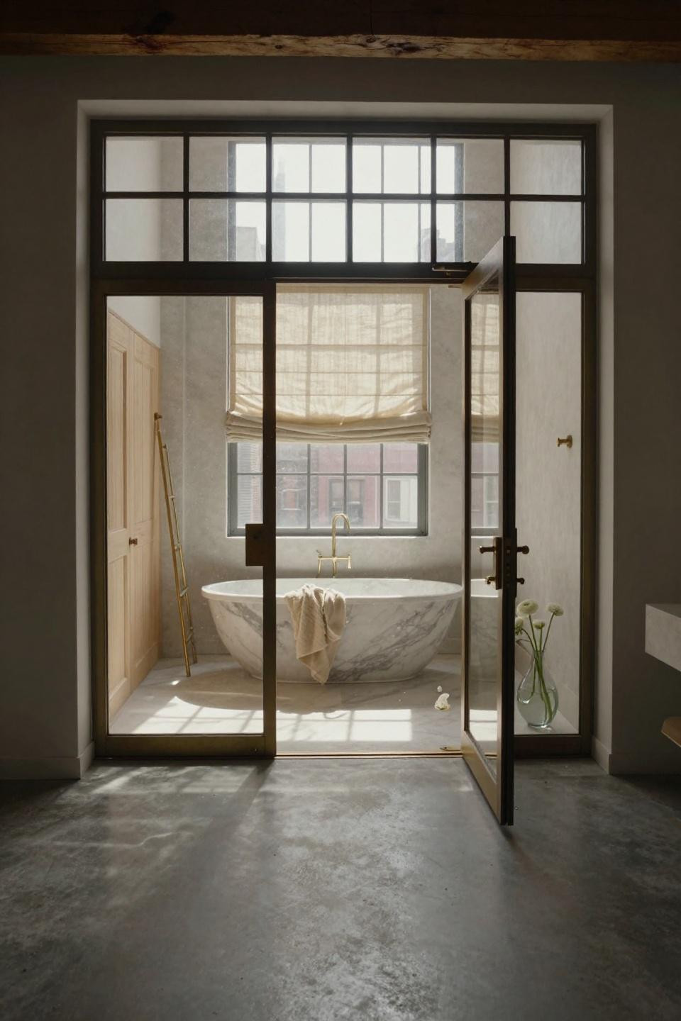 frameless glass pocket doors with unlacquered brass pulls revealing sculptural travertine bathroom in tribeca loft with concrete floors