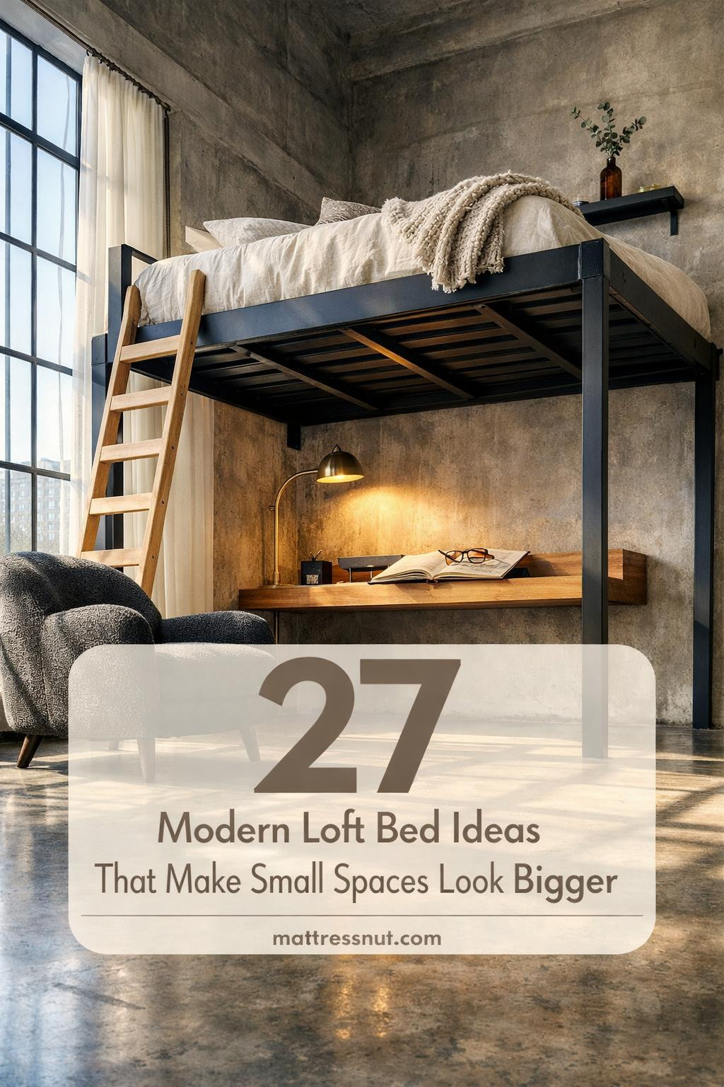 Elevated loft bed with sleek metal frame, white bedding, and workspace underneath featuring minimalist desk and shelving