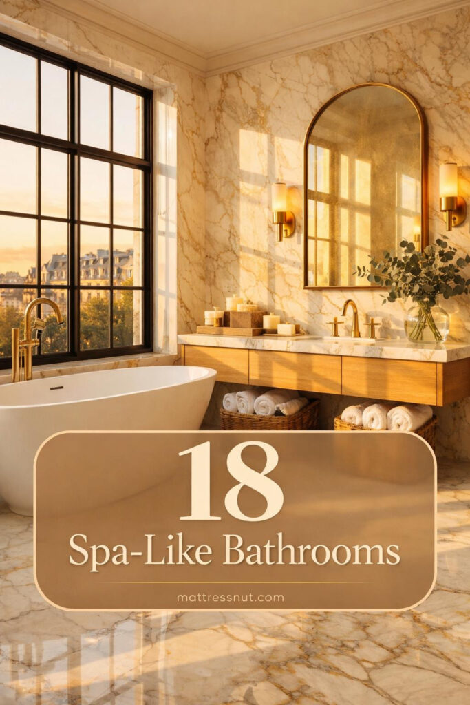 Spacious bathroom featuring marble countertops, freestanding tub, brass fixtures, and warm natural light streaming through windows
