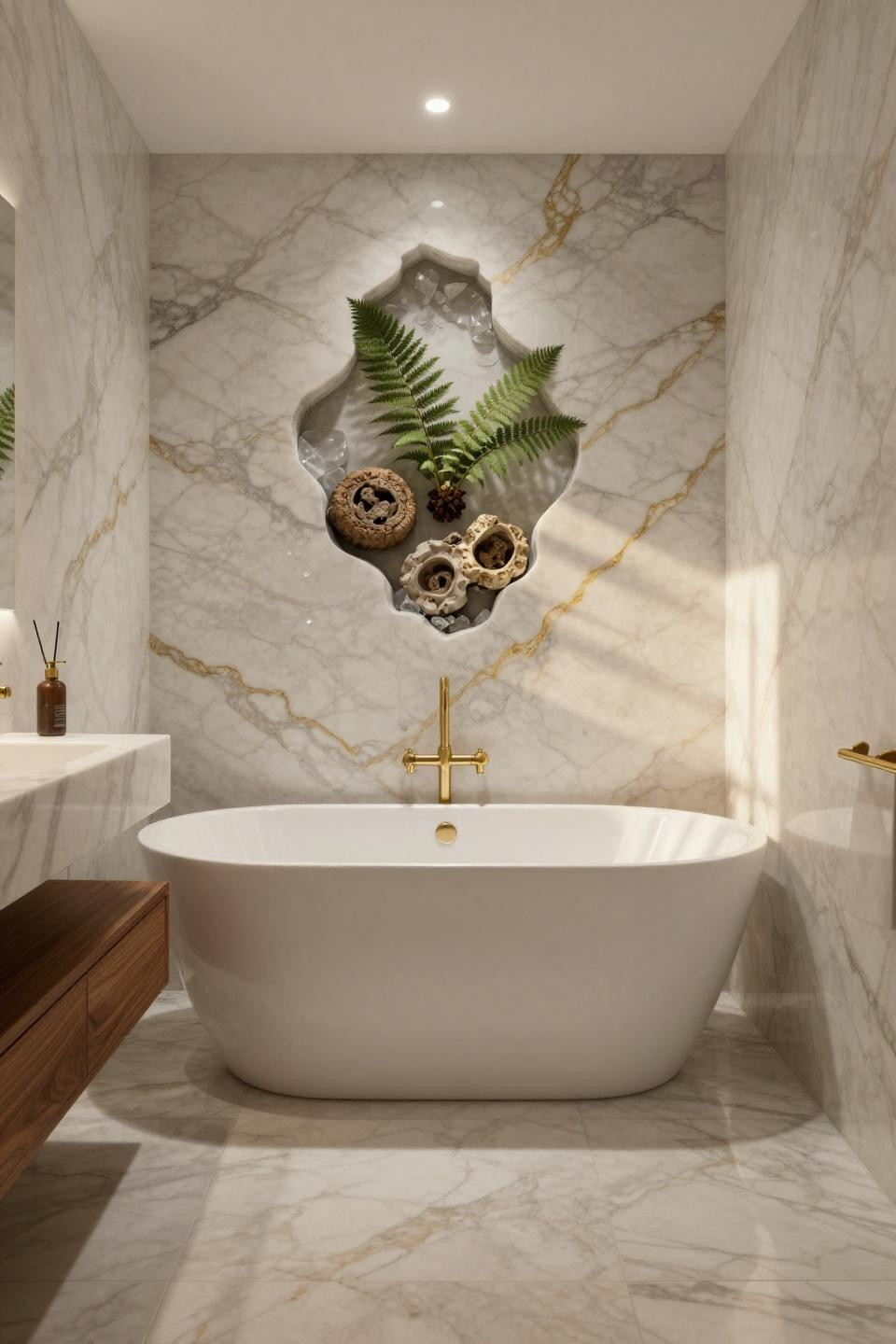 modern marble bathroom with sculptural freestanding tub and prehistoric fern fossils in calacatta walls