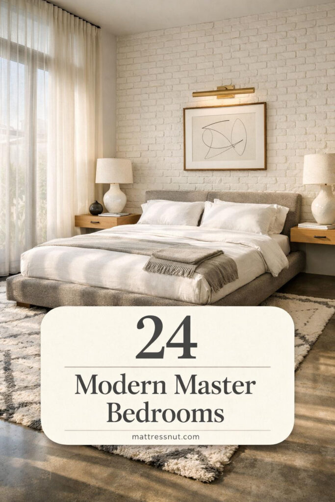 Spacious modern master bedroom featuring white walls, wooden flooring, minimalist furniture, and large windows with soft morning light