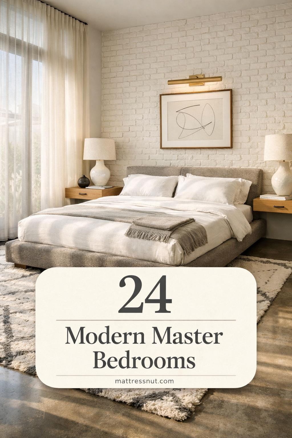 Spacious modern master bedroom featuring white walls, wooden flooring, minimalist furniture, and large windows with soft morning light