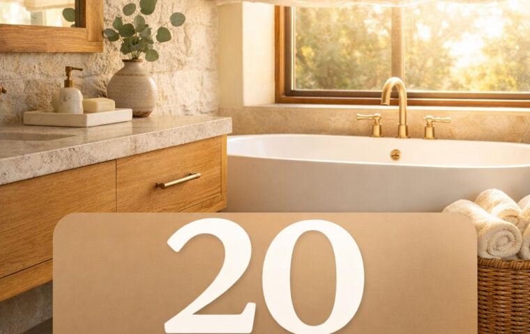 20 bathrooms where honey oak, rough stone and morning light feel like something you’d never want to leave