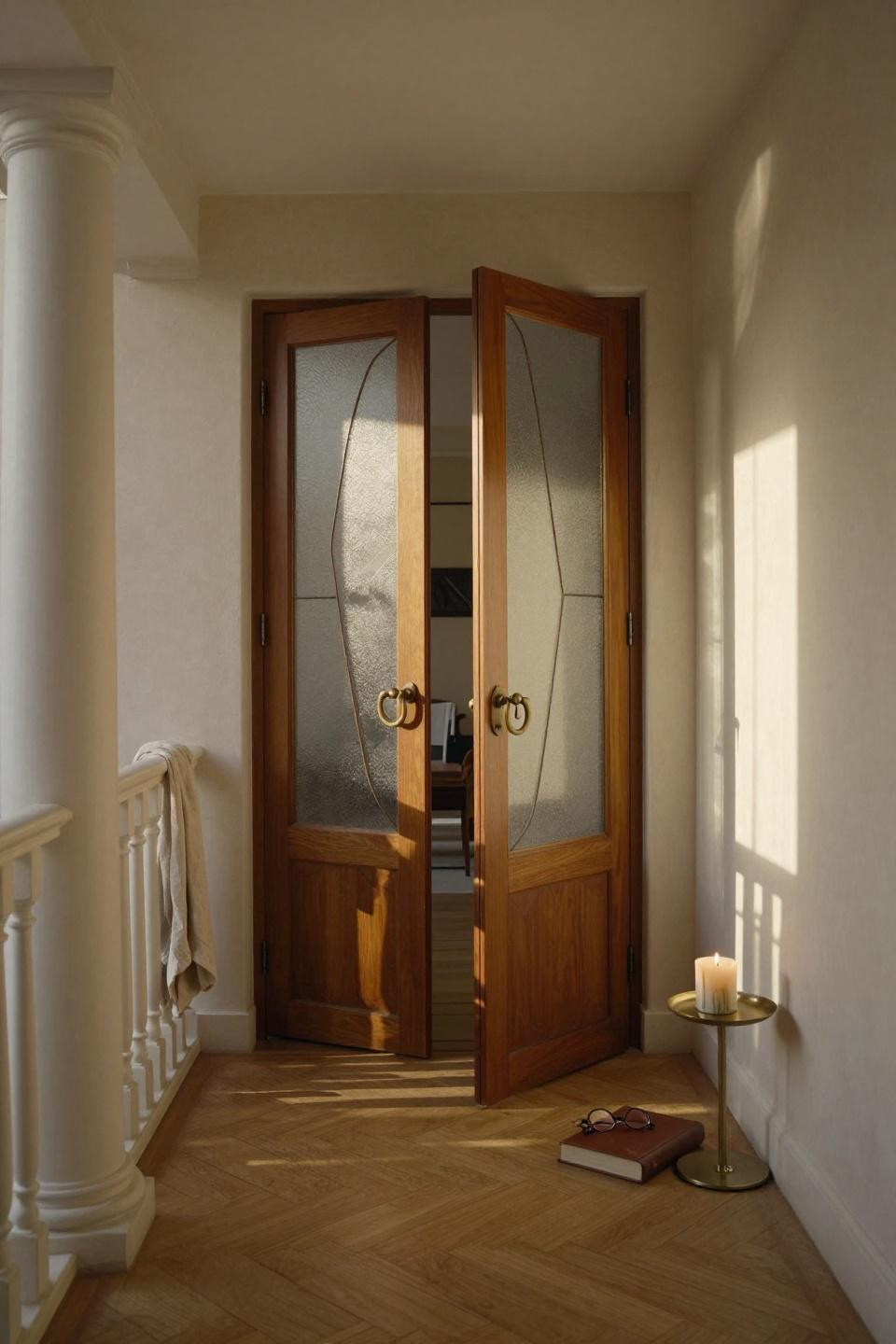 mid-century pocket doors in honey walnut with asymmetric frosted glass panels and aged brass handles in parisian hallway