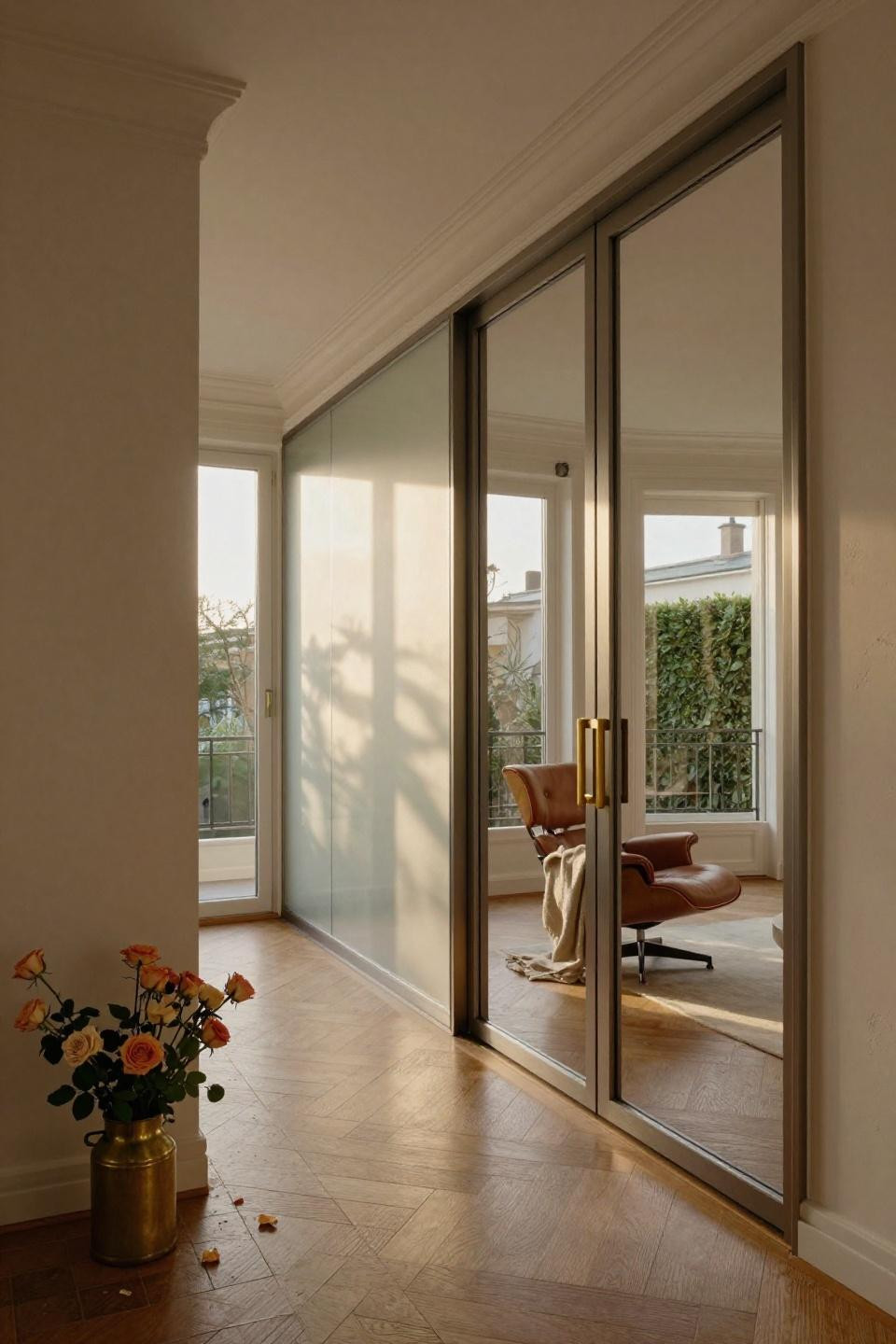 glass pocket doors in unlacquered brass frames sliding into cream plaster walls revealing herringbone oak floors and eames chair