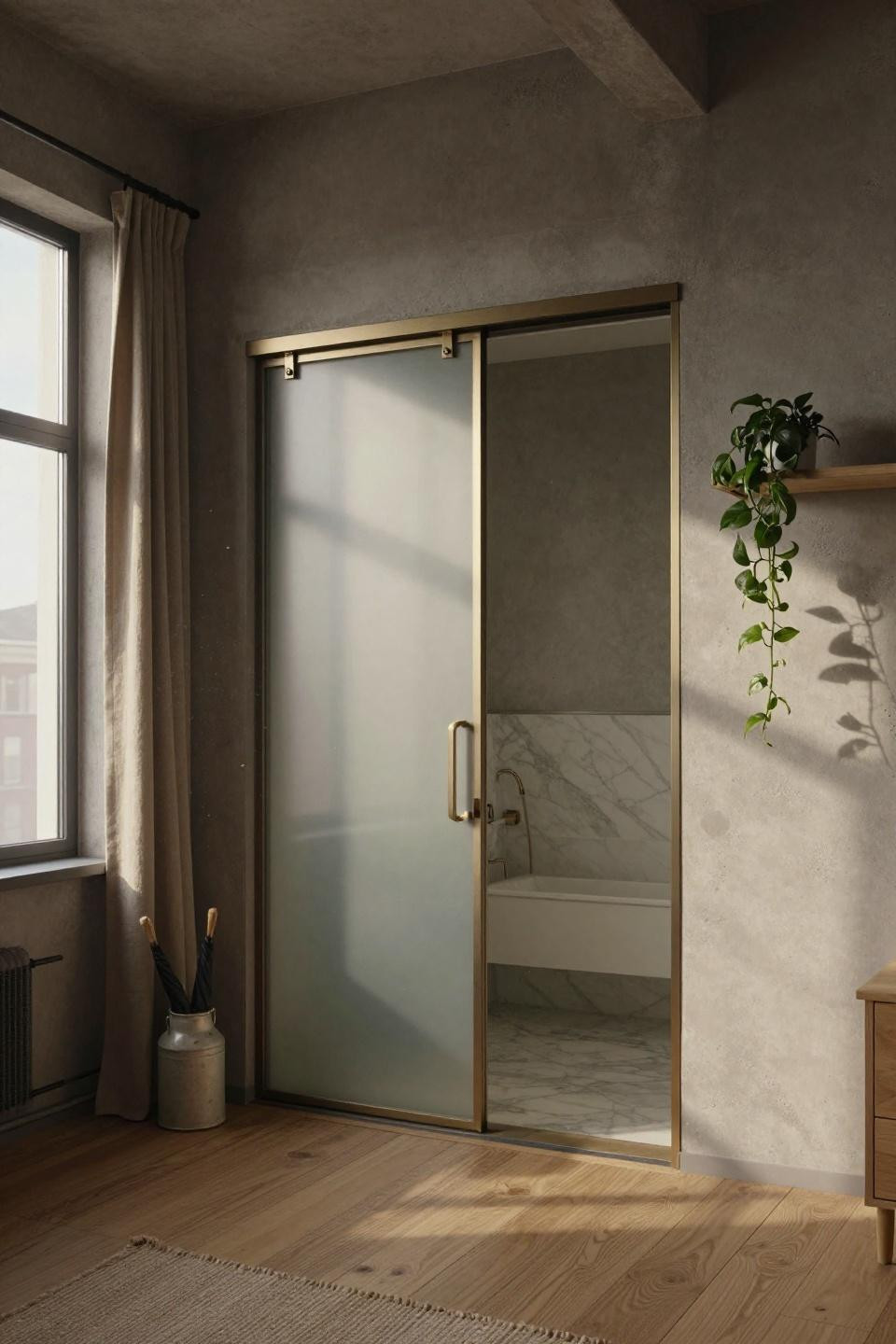 frosted glass pocket doors with brushed brass hardware halfway retracted revealing marble bathroom in copenhagen loft