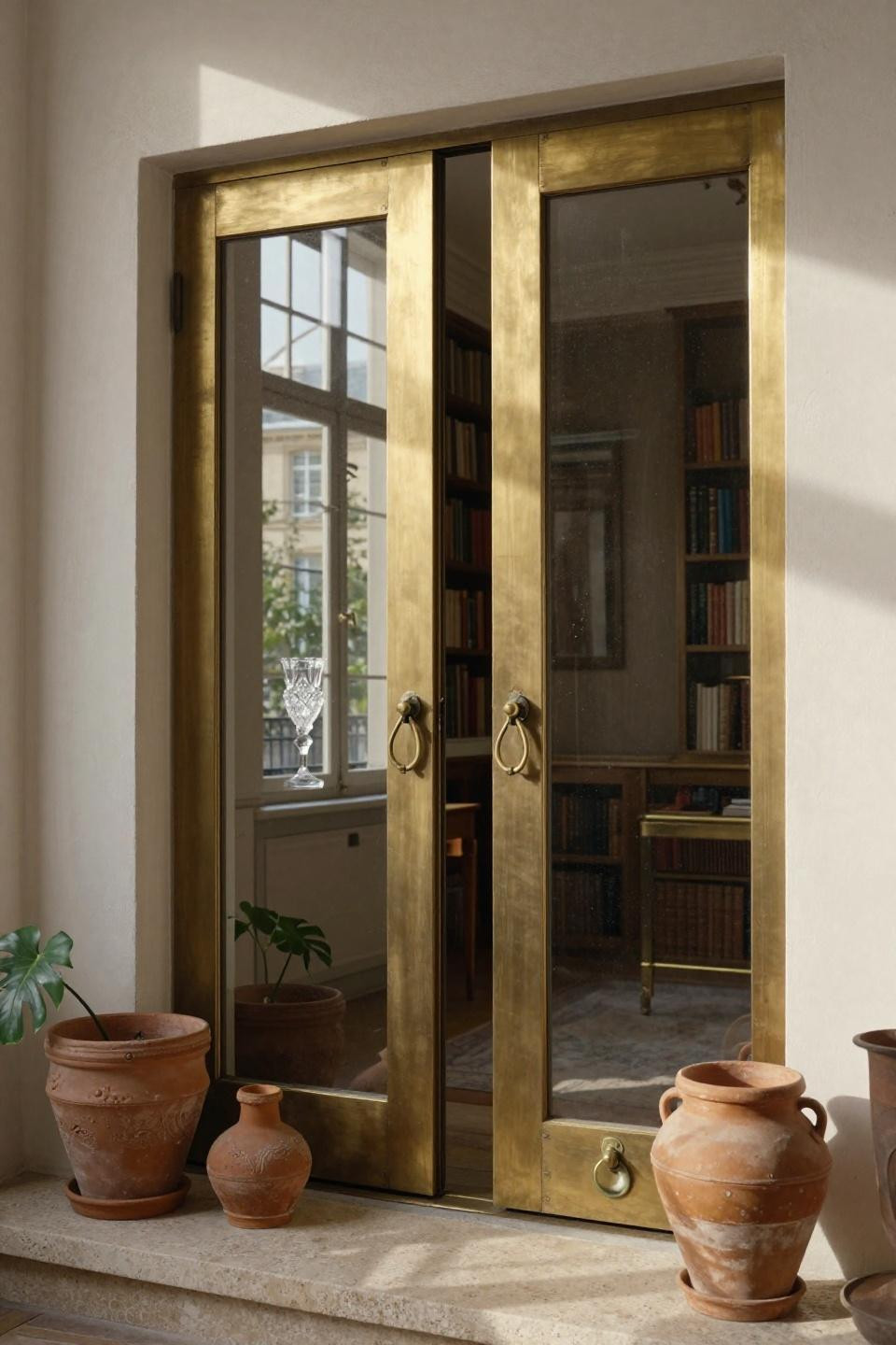 floor-to-ceiling pocket doors in aged brass with mirror panels recessed into limewashed plaster wall with terra cotta pots