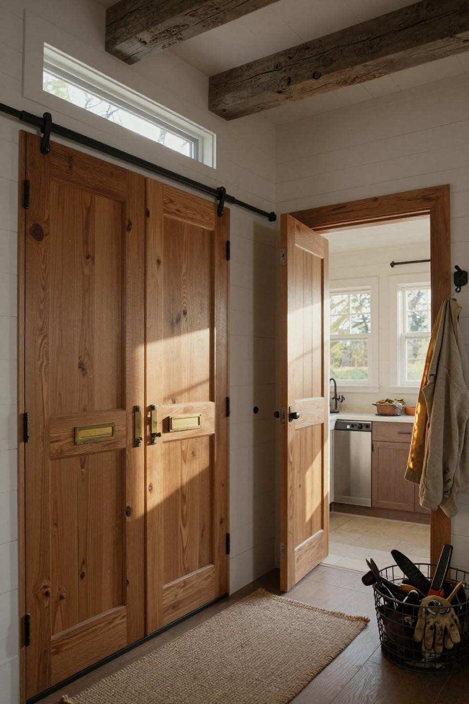 double pocket doors in reclaimed honey oak with hand-planed surfaces sliding into whitewashed shiplap walls in vermont mudroom