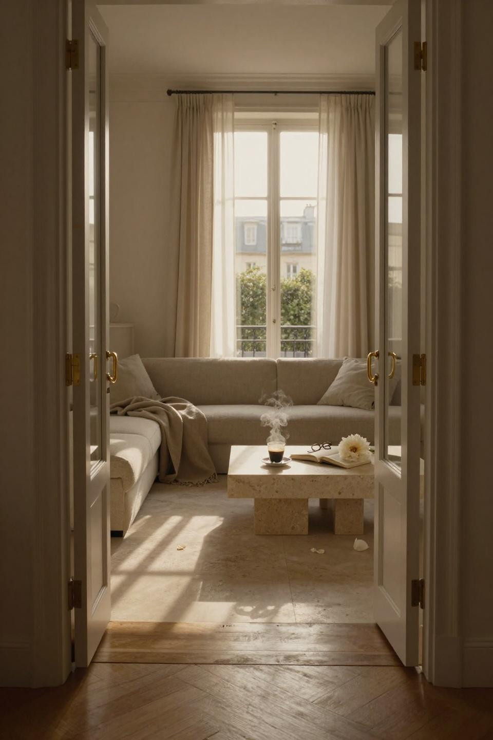 modern pocket doors with divided brass lights and unlacquered brass handles in parisian living room with limestone floors