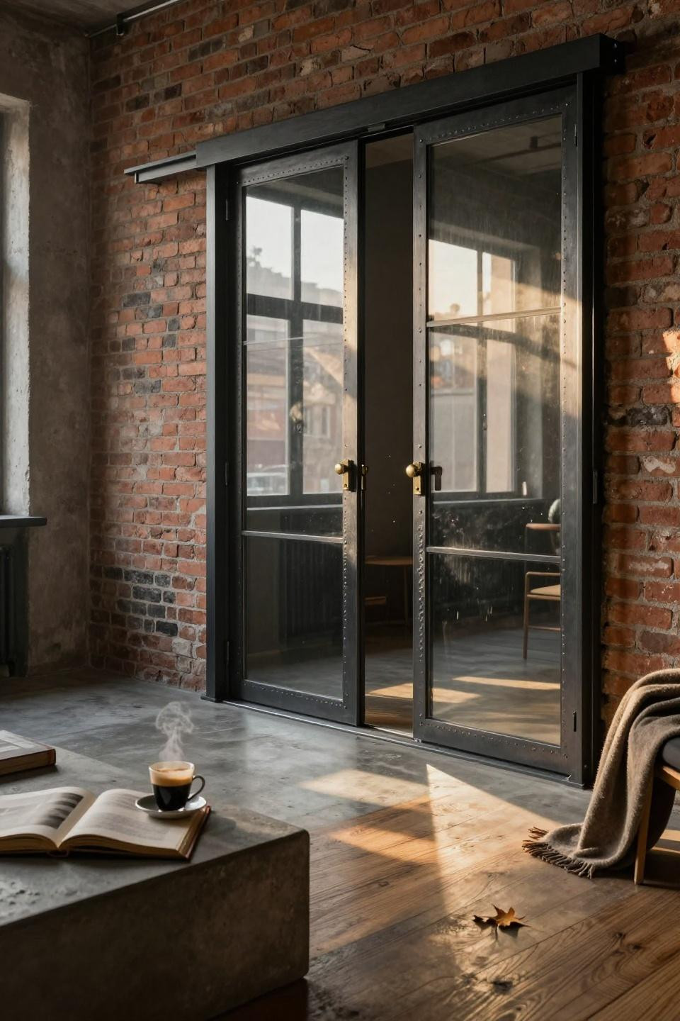 massive steel-framed glass pocket doors with hand-hammered studs sliding into exposed brick walls in milanese loft