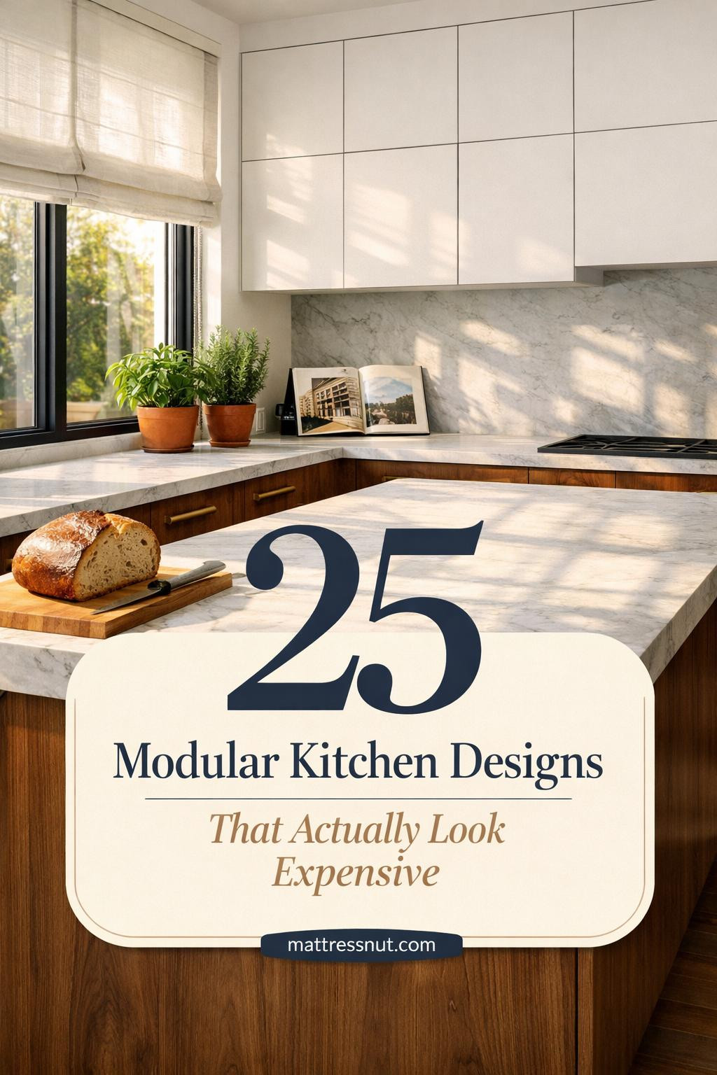 Sleek modular kitchen featuring white cabinets, marble countertops, stainless steel appliances, and modern pendant lighting