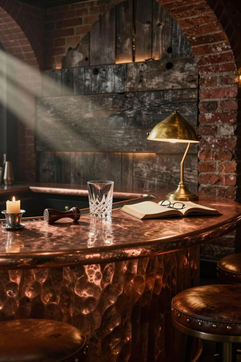 Speakeasy Bar Design - hand-hammered copper bartop with living patina