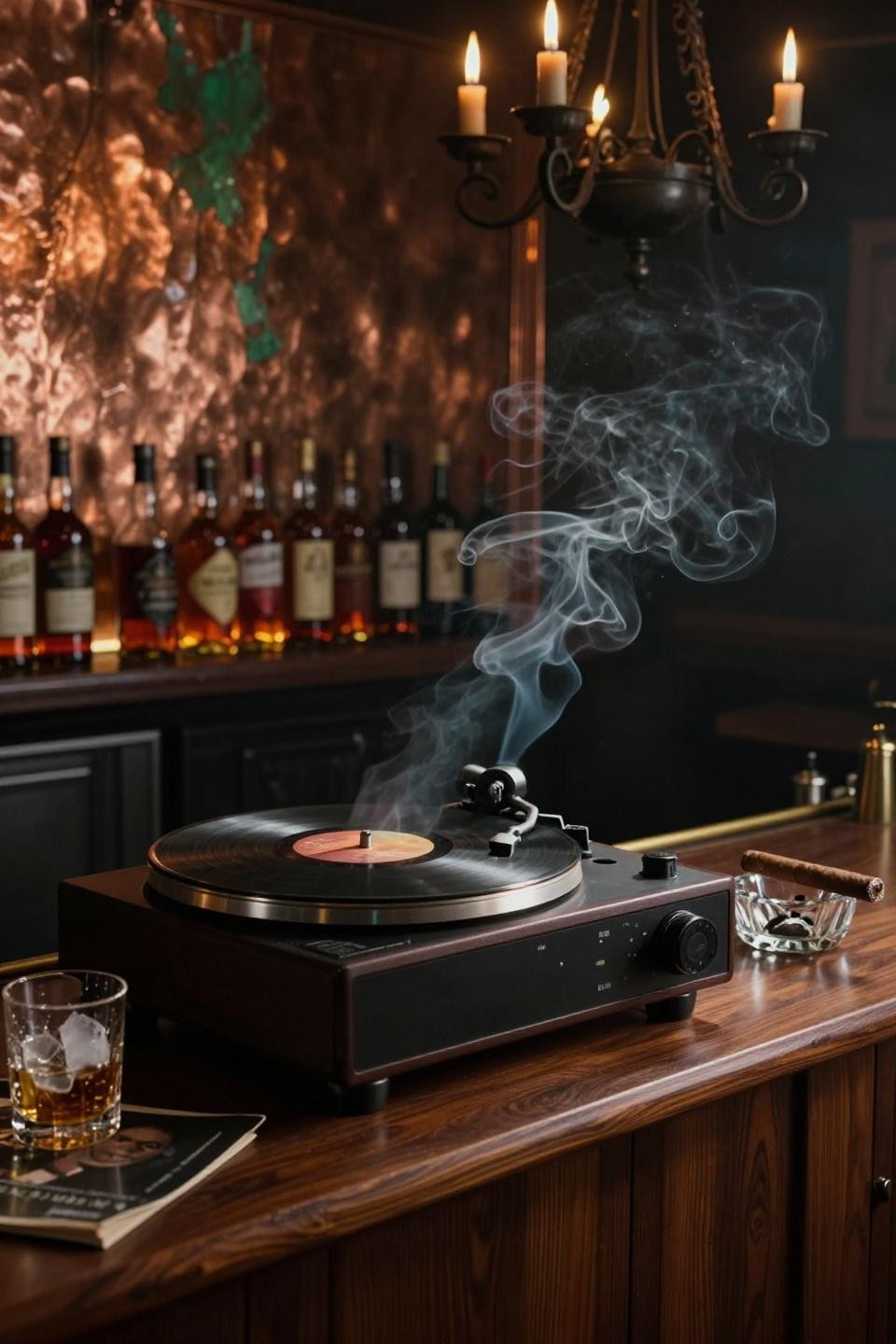 Fancy Bar - vintage record player on walnut credenza