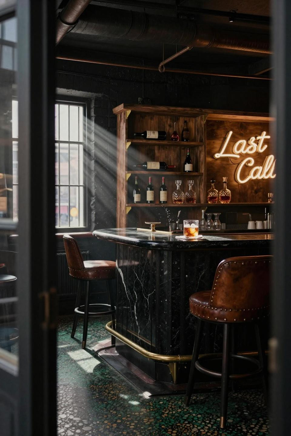 Back Bar Design - hand-poured terrazzo with wine cellar shelving