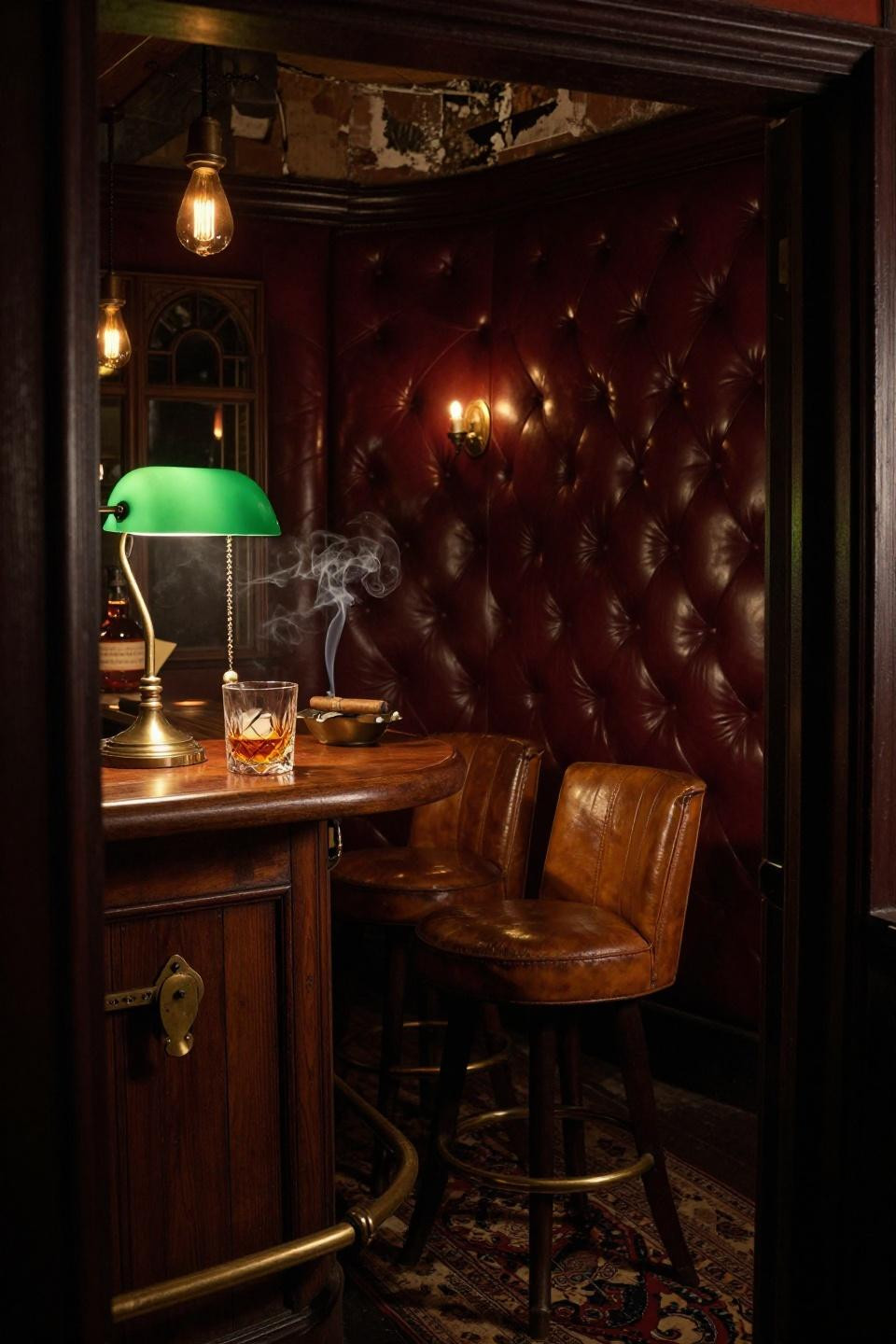 Moody Basement Bar - hidden door revealing oxblood leather bar