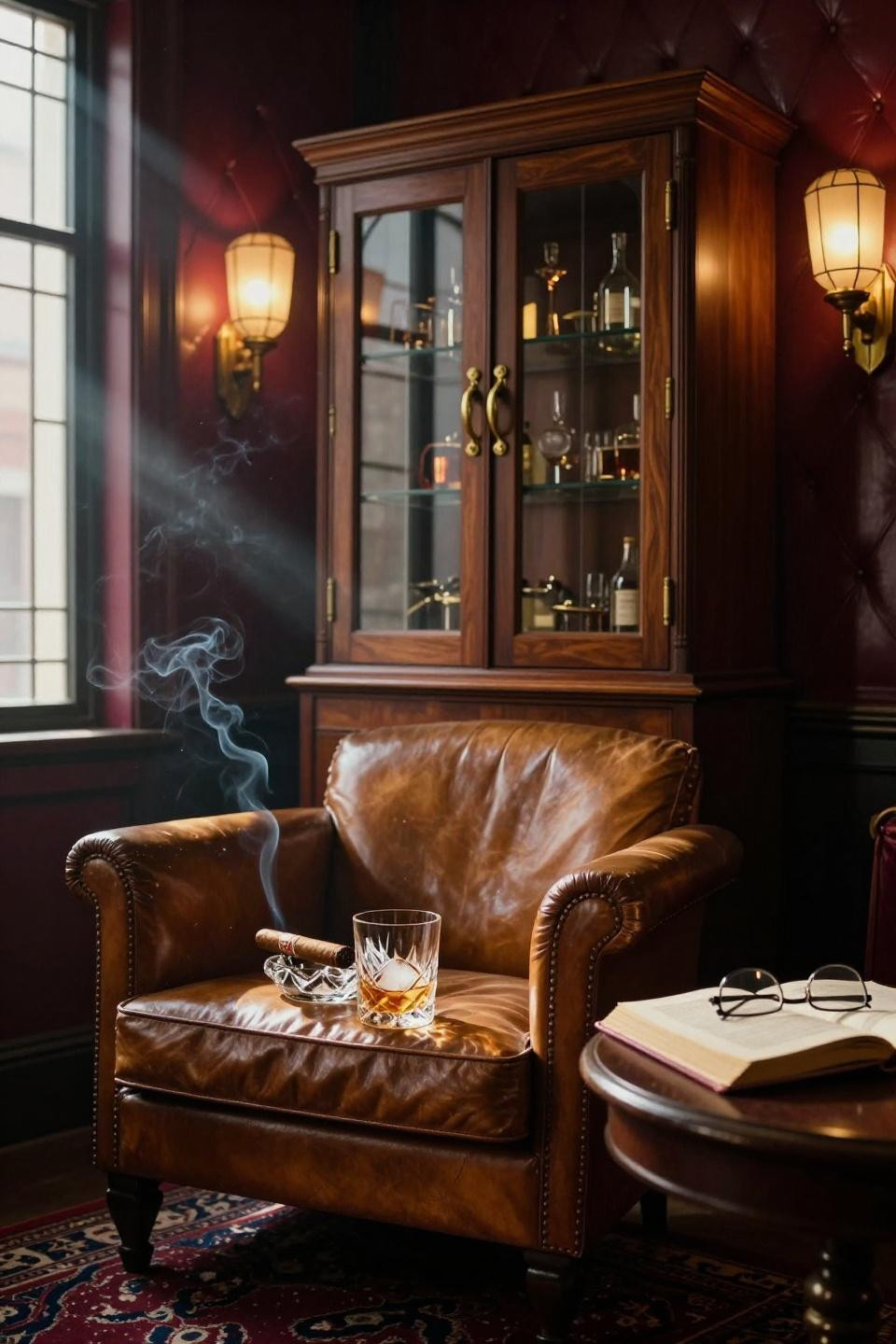 Dark Bar Aesthetic - walnut humidor cabinet with burgundy leather walls