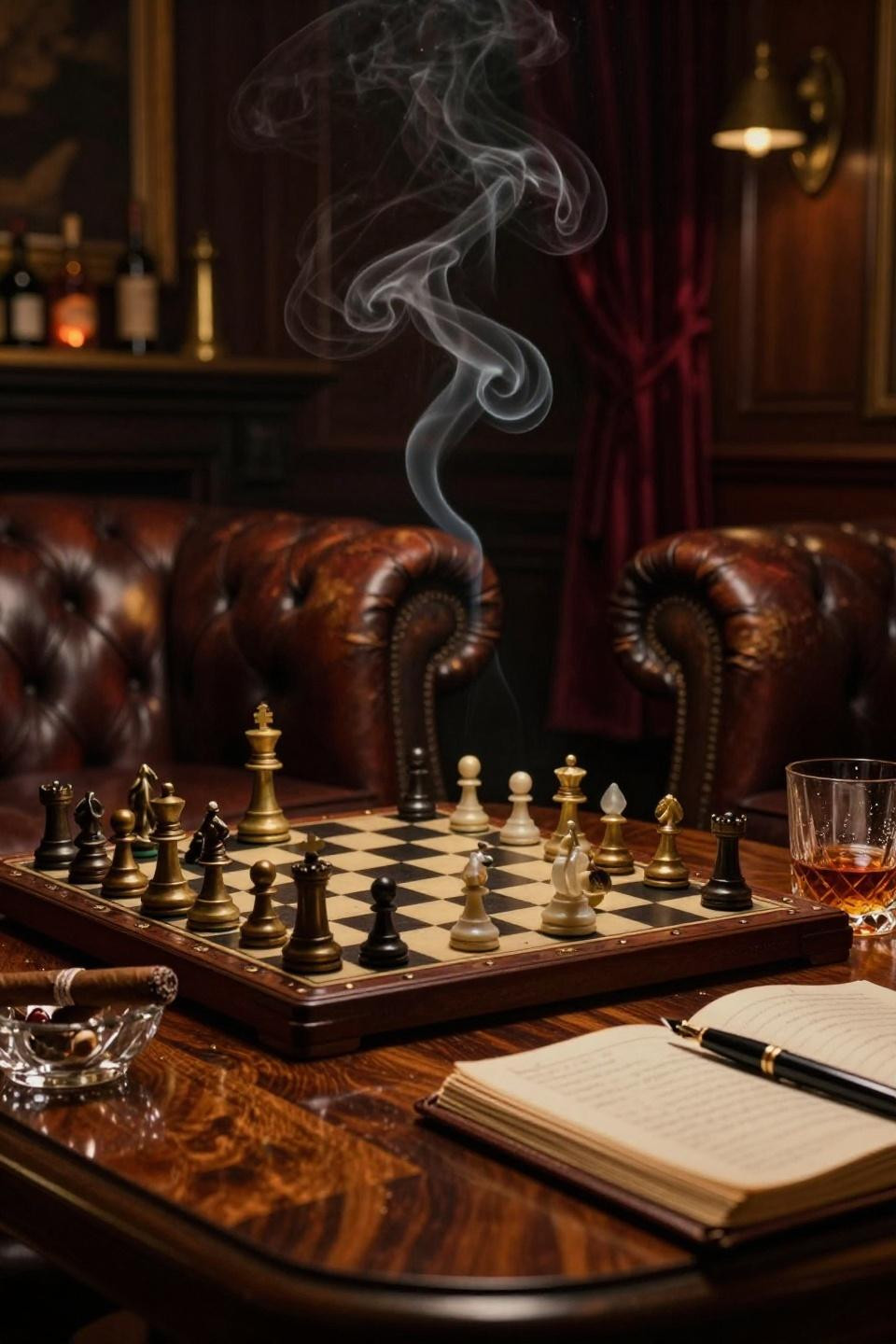 Bar Interior Design Vintage - walnut chess table with fireplace glow
