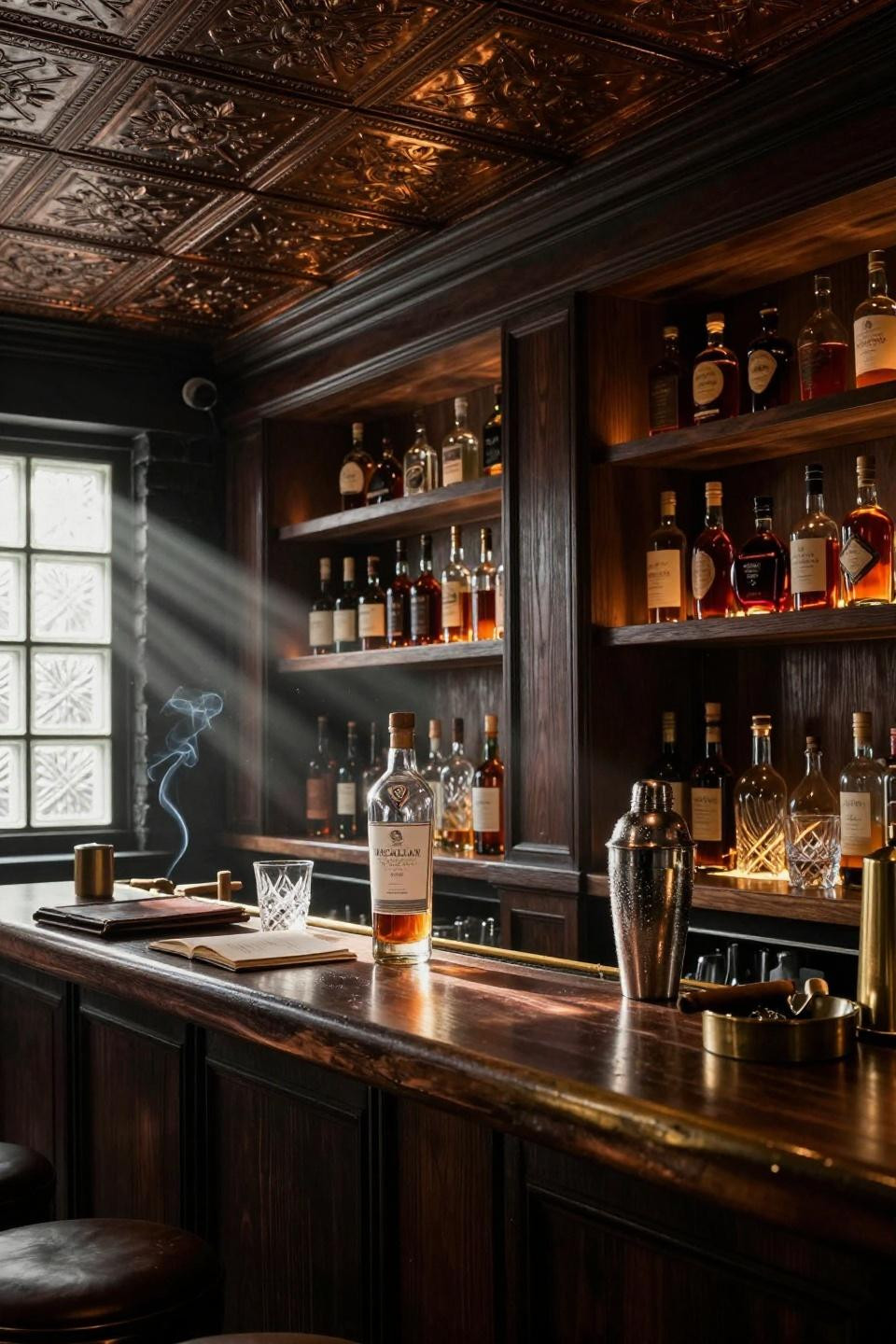 Moody Bar Design - smoked oak shelving with backlit spirits