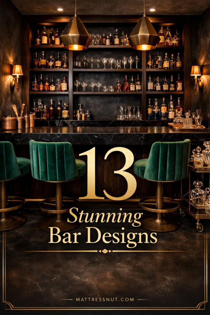 Dark sophisticated bar featuring black walls, brass fixtures, leather seating, and ambient lighting with rich textures
