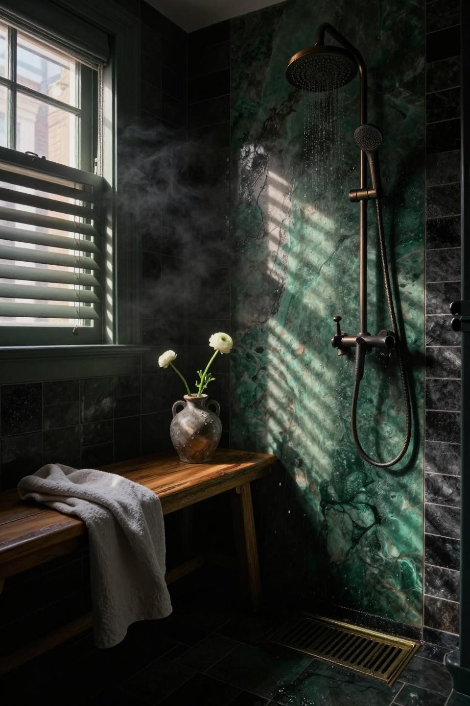 Moody Bathroom - jade onyx panel with bronze fixtures