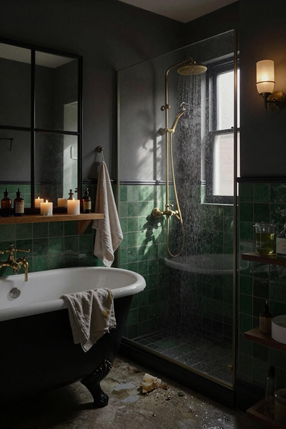 Moody Bathroom - clawfoot tub with green wainscoting