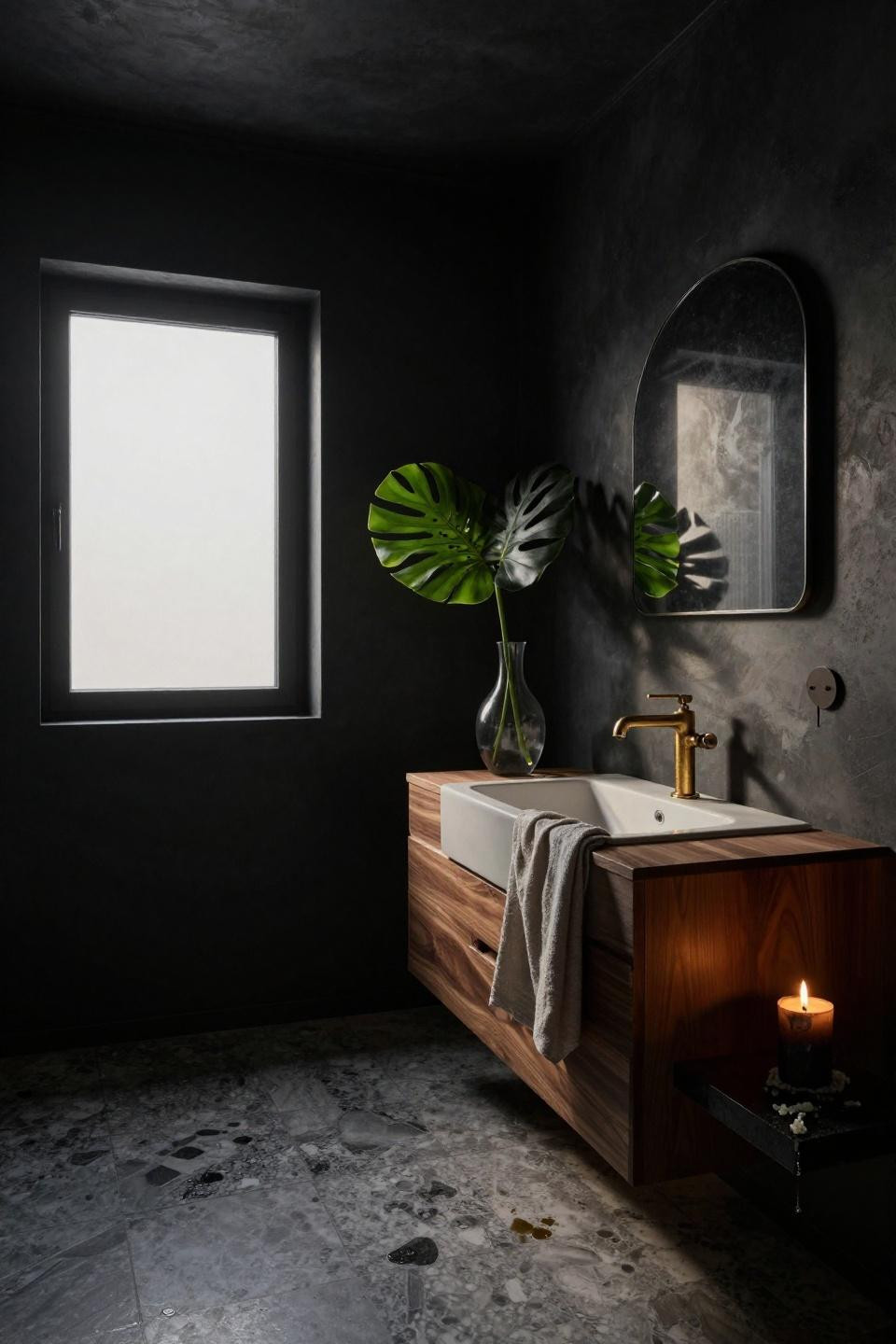 Moody Bathroom - walnut vanity with limestone floor
