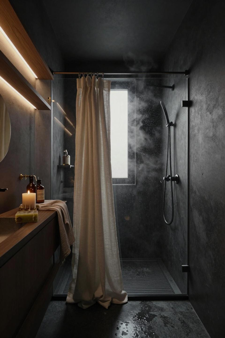 Moody Bathroom - walk-in shower with slate and linen