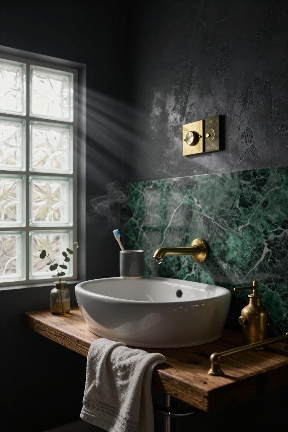 Moody Bathroom - green marble with timber vanity