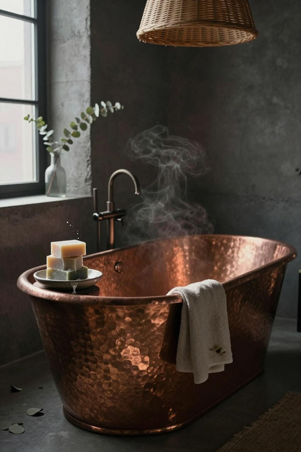 Moody Bathroom - copper soaking tub with concrete walls