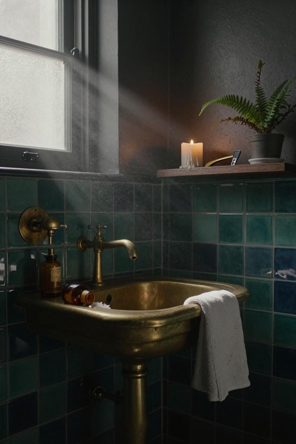 Moody Bathroom - teal zellige with brass console sink