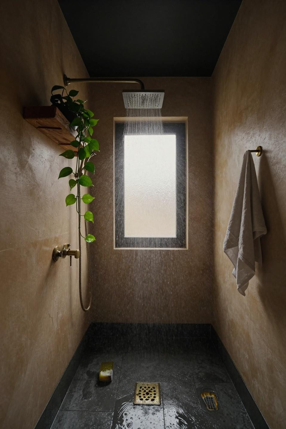 Moody Bathroom - double shower with Venetian plaster
