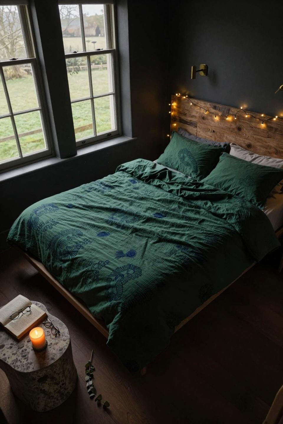 Moody Primary Bedroom - forest green block-printed duvet with fairy lights