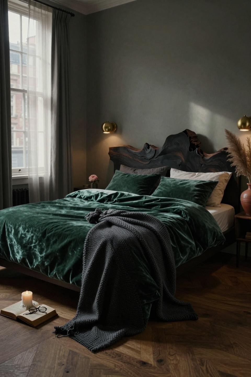 Vintage Moody Bedroom - forest green velvet on Japanese platform bed