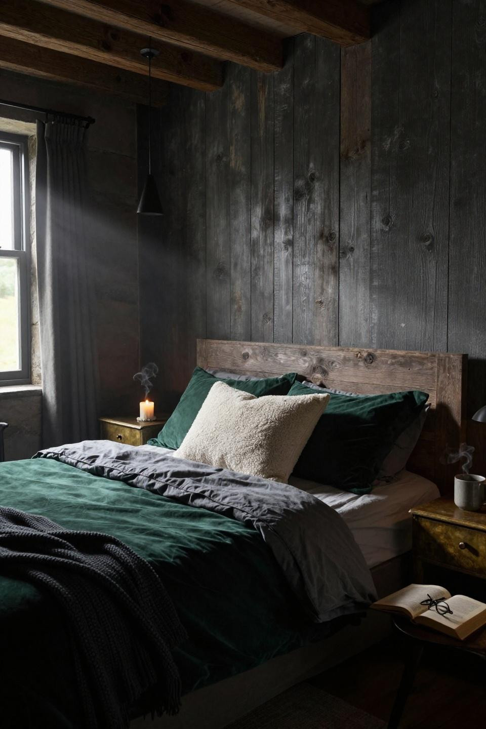 Moody Eclectic Bedroom - forest green velvet with ivory bouclé pillow