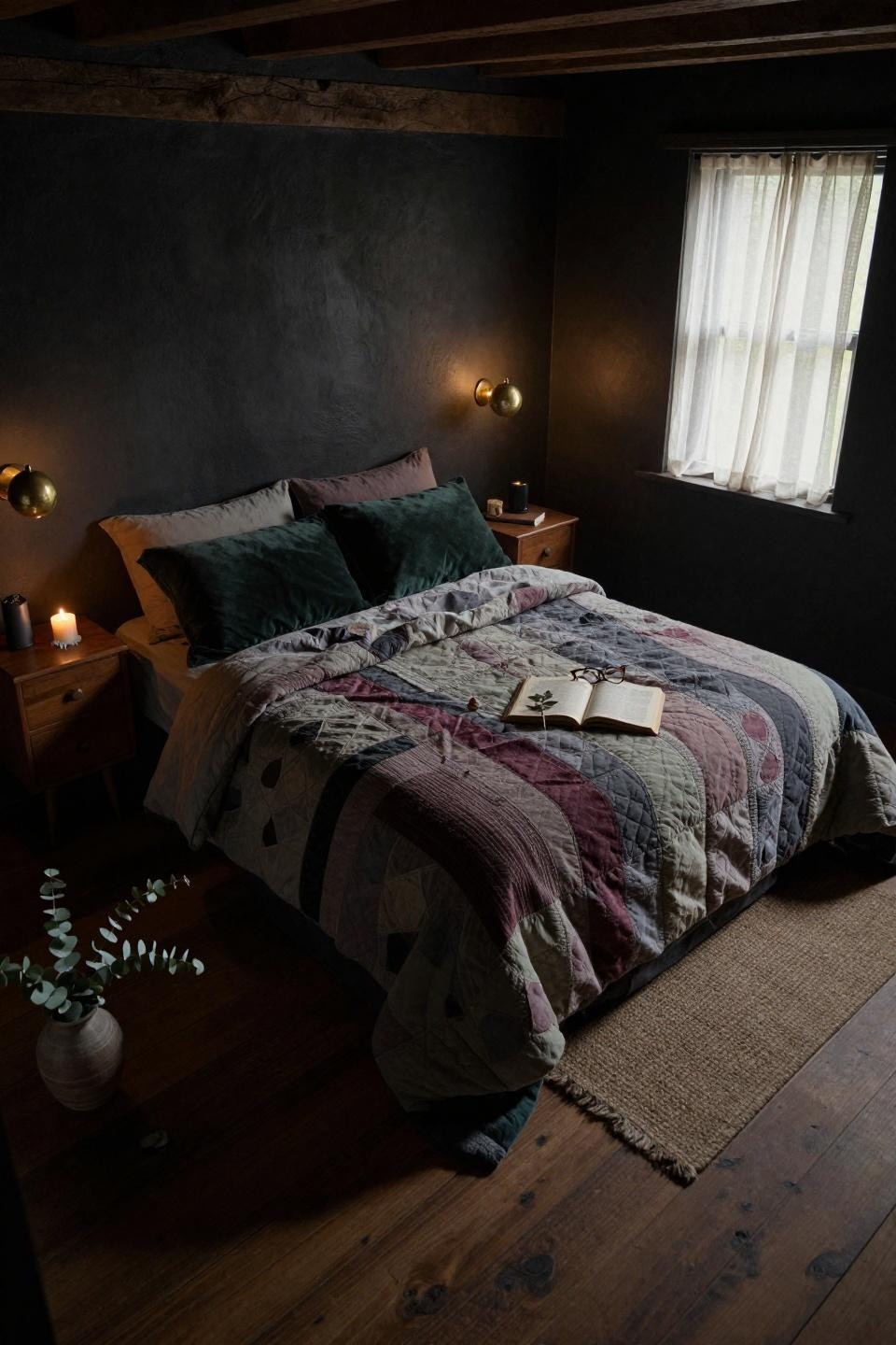 Dark Bedding Aesthetic - forest green velvet with vintage quilt layers