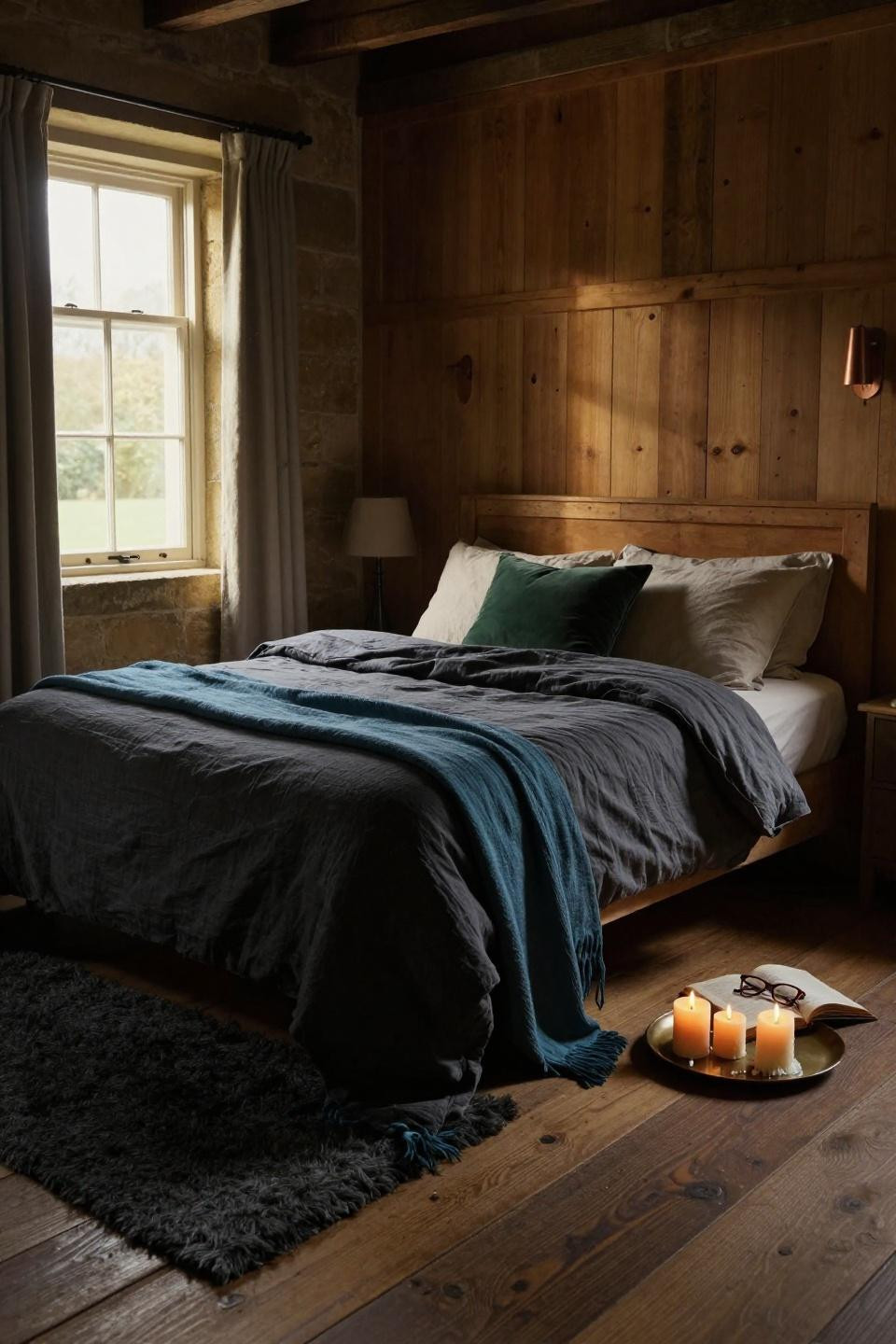 Dark Green Moody Bedroom - charcoal linen with reclaimed barn wood wall