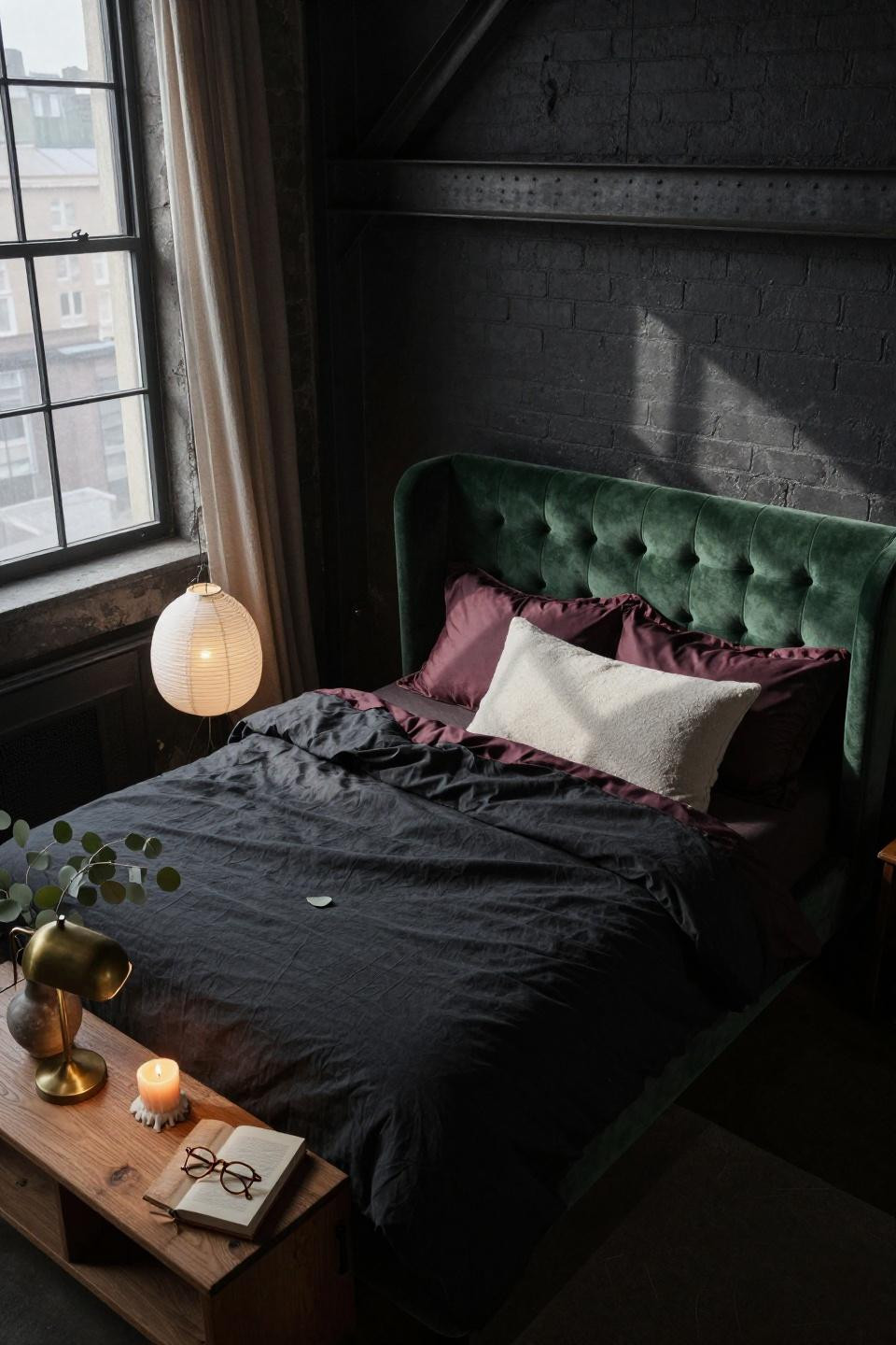 Dark Moody Bedroom Ideas - charcoal linen with forest green velvet headboard